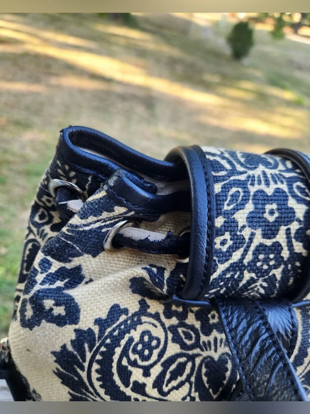 Spartina 449 linen/leather mini backpack black/natural cream damask pattern